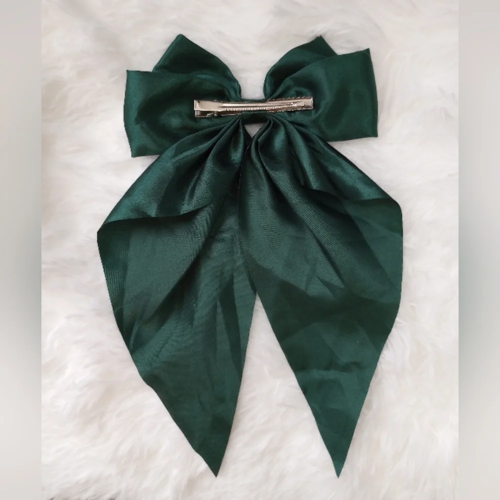Forest Green Satin Like Large Hair Bow Clip